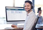 Man at call center, contact us with customer service job, employee smile and CRM with consultant at desk. Professional, portrait and communication, male with headset with help desk and telemarketing