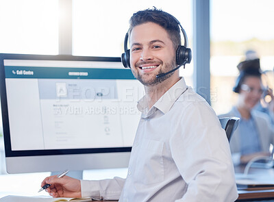 Buy stock photo Man at call center, contact us with customer service employee, smile and CRM with consultant in workspace. Professional, portrait and communication, male with headset with help desk and telemarketing