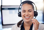 Contact us, call center or portrait of friendly woman in telecom communications company in help desk. Happy smile, crm or face of insurance sales agent working online in technical or customer support