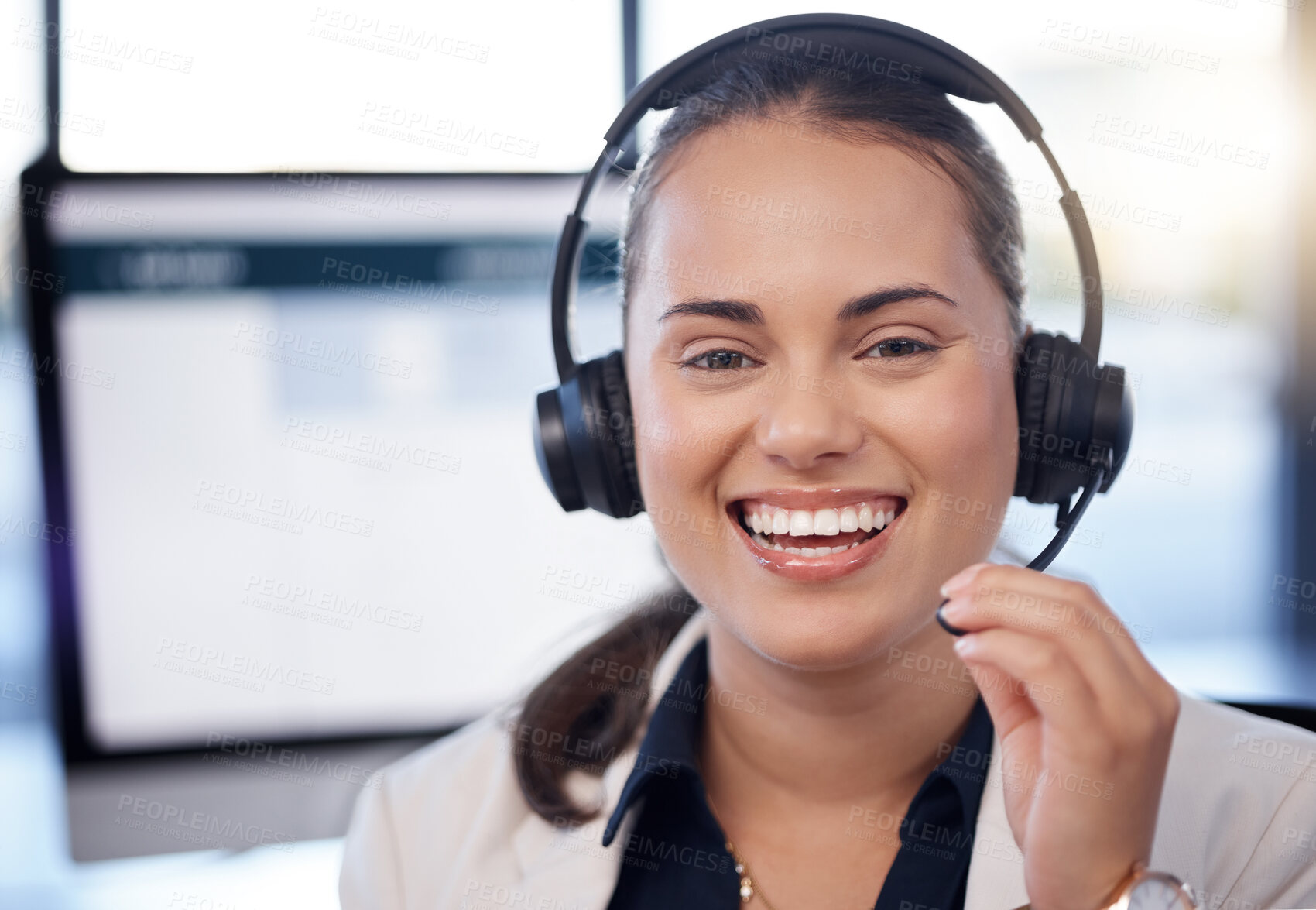 Buy stock photo Contact us, call center or portrait of friendly woman in telecom communications company in help desk. Happy smile, crm or face of insurance sales agent working online in technical or customer support