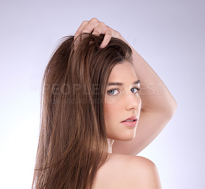 Buy stock photo Face portrait, beauty and hair care of woman in studio isolated on a gray background. Skincare, makeup cosmetics or female model with salon treatment for healthy keratin, balayage or hairstyle growth