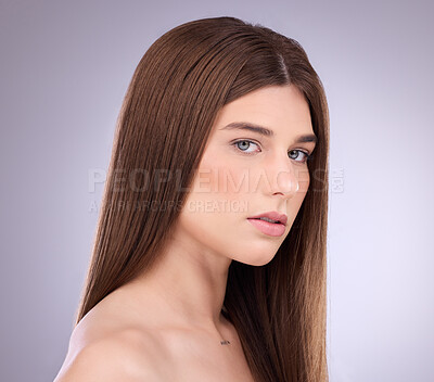 Buy stock photo Face portrait, beauty and hair care of a woman in studio isolated on gray background. Makeup cosmetics, growth and female model with salon treatment for healthy keratin, balayage or hairstyle texture