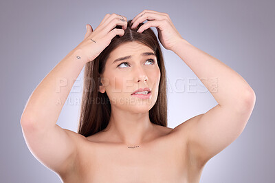 Buy stock photo Woman, hair and worried of scalp dandruff on studio background to scratch allergy, eczema or head lice. Female model, itching scalp and haircare problem of damaged texture, dry skincare or dermatitis