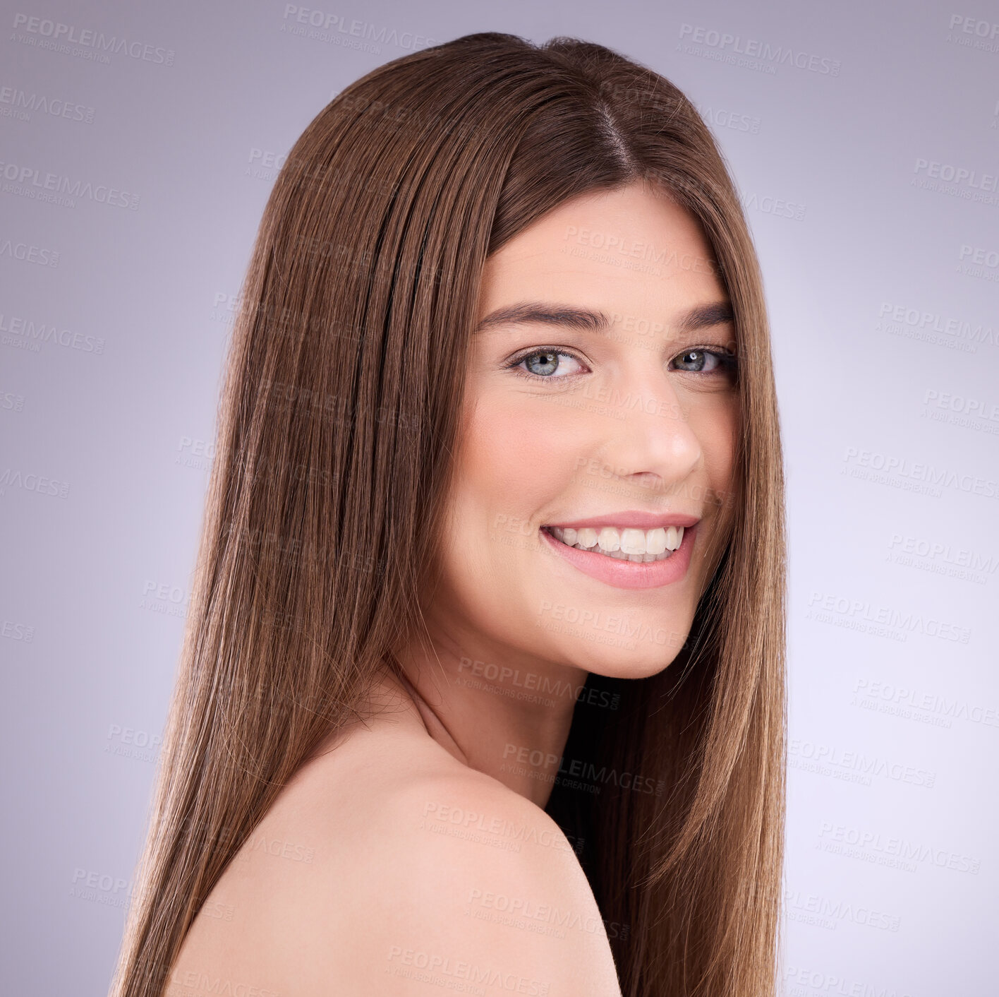 Buy stock photo Face portrait, beauty and hair care of woman in studio isolated on a gray background. Makeup cosmetics, skincare and happy female model with salon treatment for healthy keratin, balayage or hairstyle