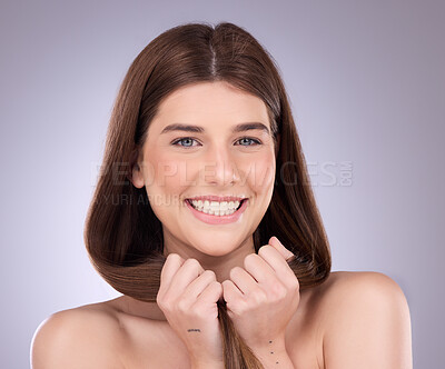 Buy stock photo Face portrait, smile and hair care of a woman in studio isolated on a background. Cosmetics, growth and beauty of female model with salon treatment for healthy keratin, balayage and lone hairstyle.