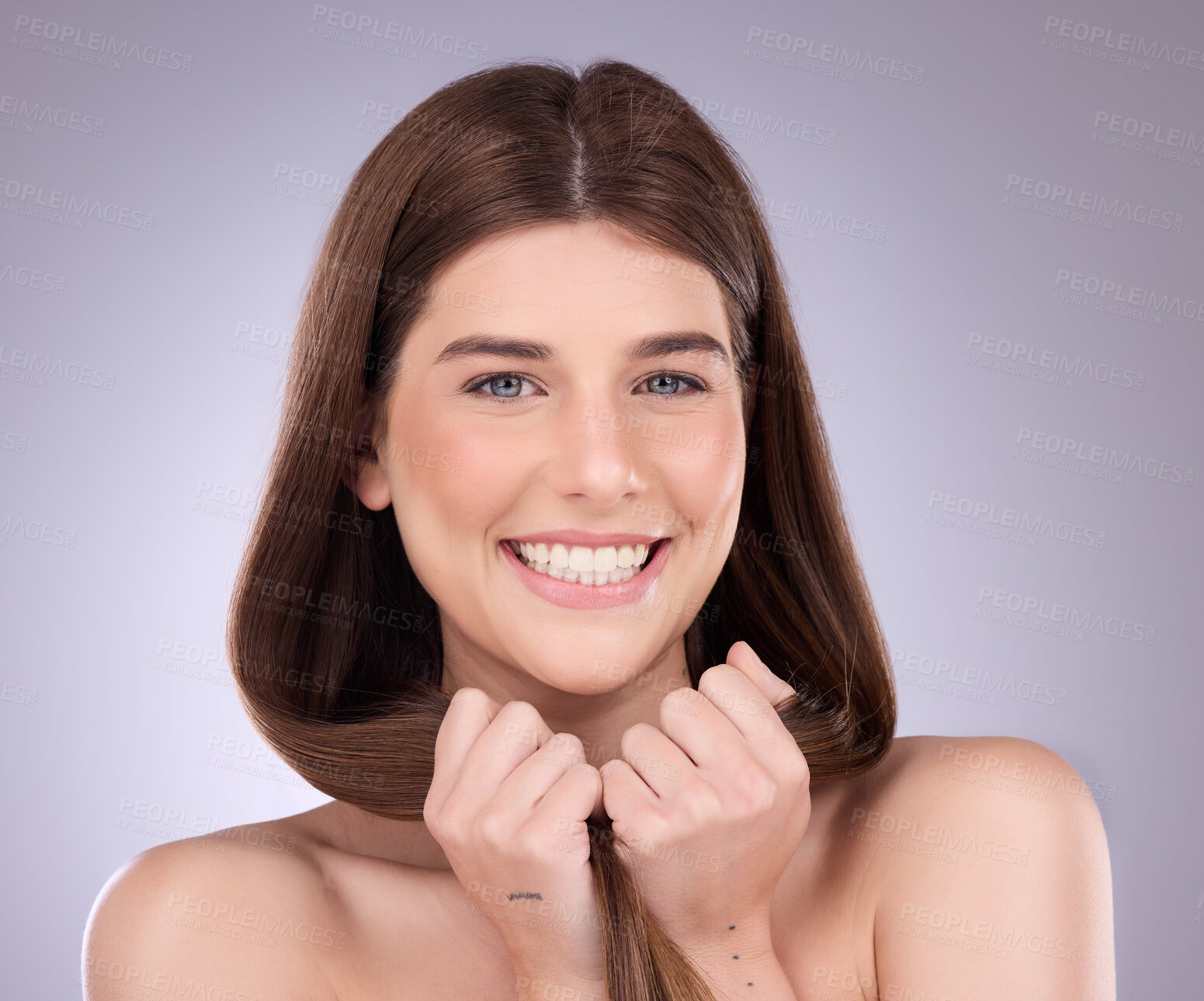 Buy stock photo Face portrait, smile and hair care of a woman in studio isolated on a background. Cosmetics, growth and beauty of female model with salon treatment for healthy keratin, balayage and lone hairstyle.