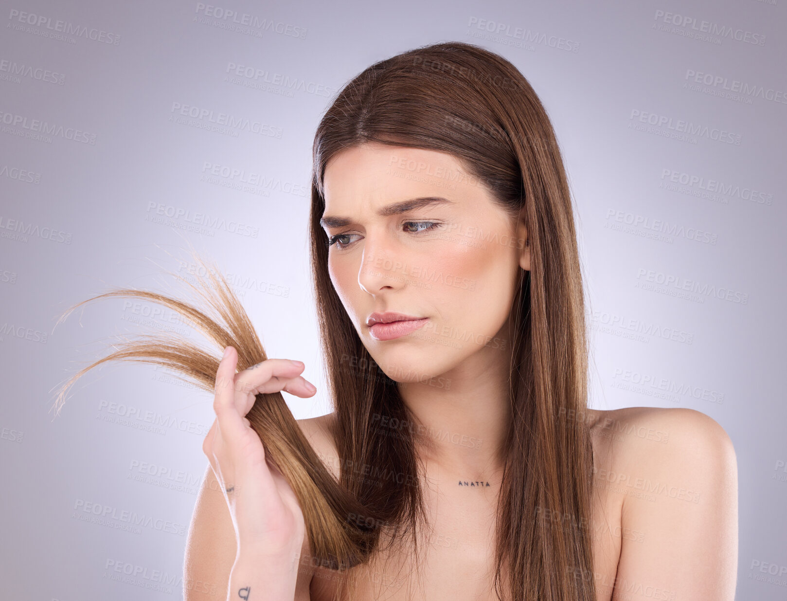 Buy stock photo Woman, worry and split ends in studio, background and beauty concern of hair loss, problem and damage. Worried, unhappy and female model check tips of haircare, hairstyle and treatment of dry texture