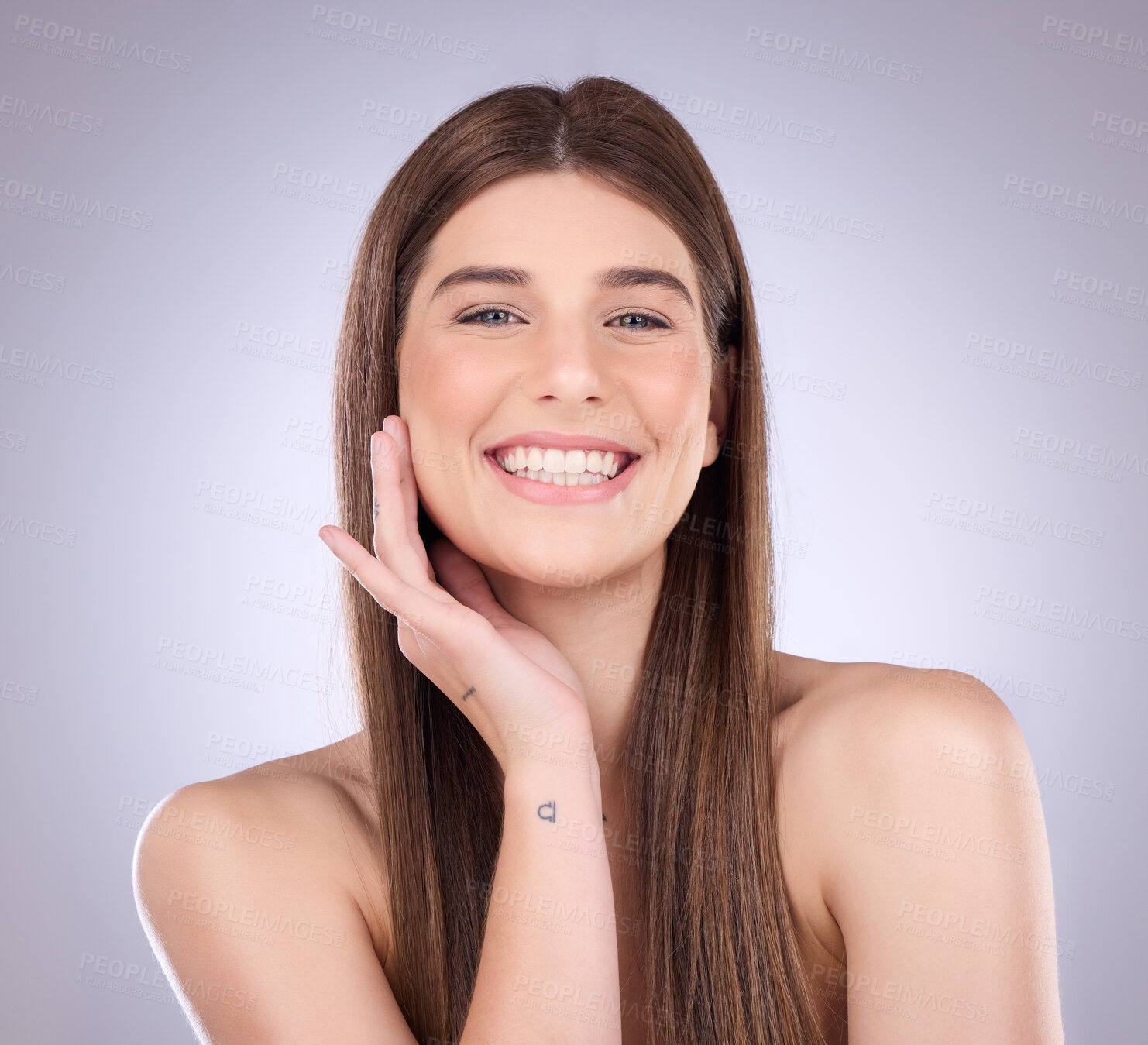 Buy stock photo Face portrait, smile and hair care of a woman in studio isolated on a background. Natural cosmetics, growth and beauty of female model with salon treatment for healthy keratin, balayage and hairstyle