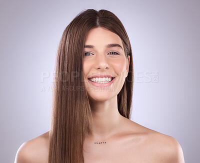 Buy stock photo Beauty, face portrait and hair care of woman in studio isolated on a gray background. Natural cosmetics, smile and happy female model with salon treatment for healthy keratin, balayage and hairstyle.