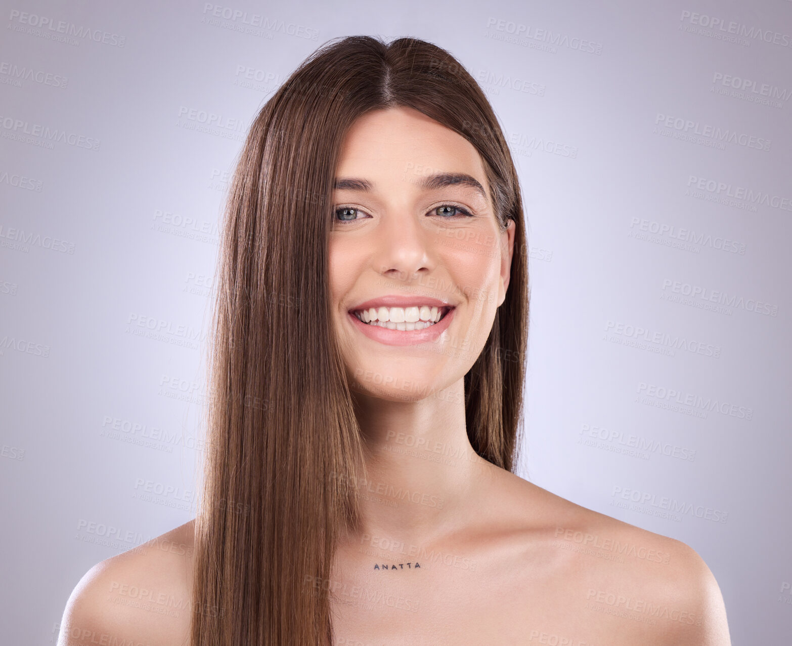 Buy stock photo Beauty, face portrait and hair care of woman in studio isolated on a gray background. Natural cosmetics, smile and happy female model with salon treatment for healthy keratin, balayage and hairstyle.