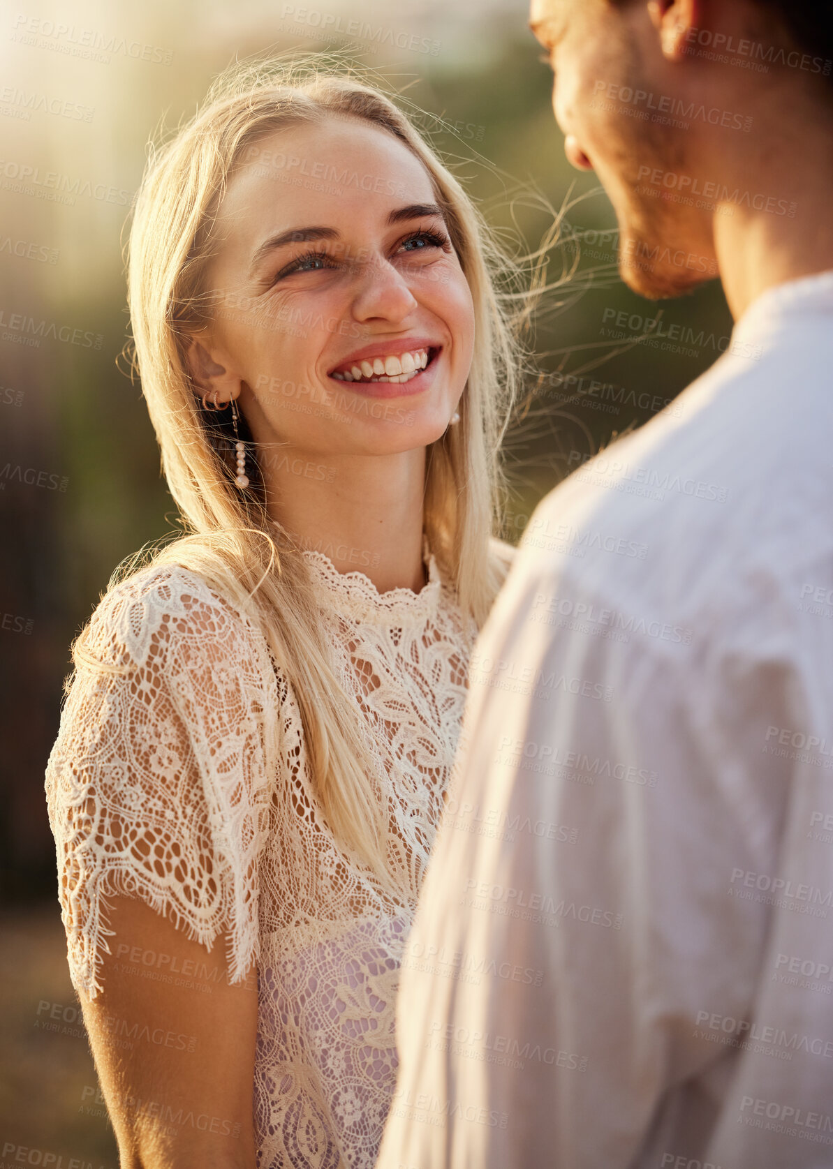 Buy stock photo Smile, happy and couple in nature for a date, honeymoon or valentines day. Happiness, admiration and laughing man and woman together at a park for romance, conversation and fun in relationship