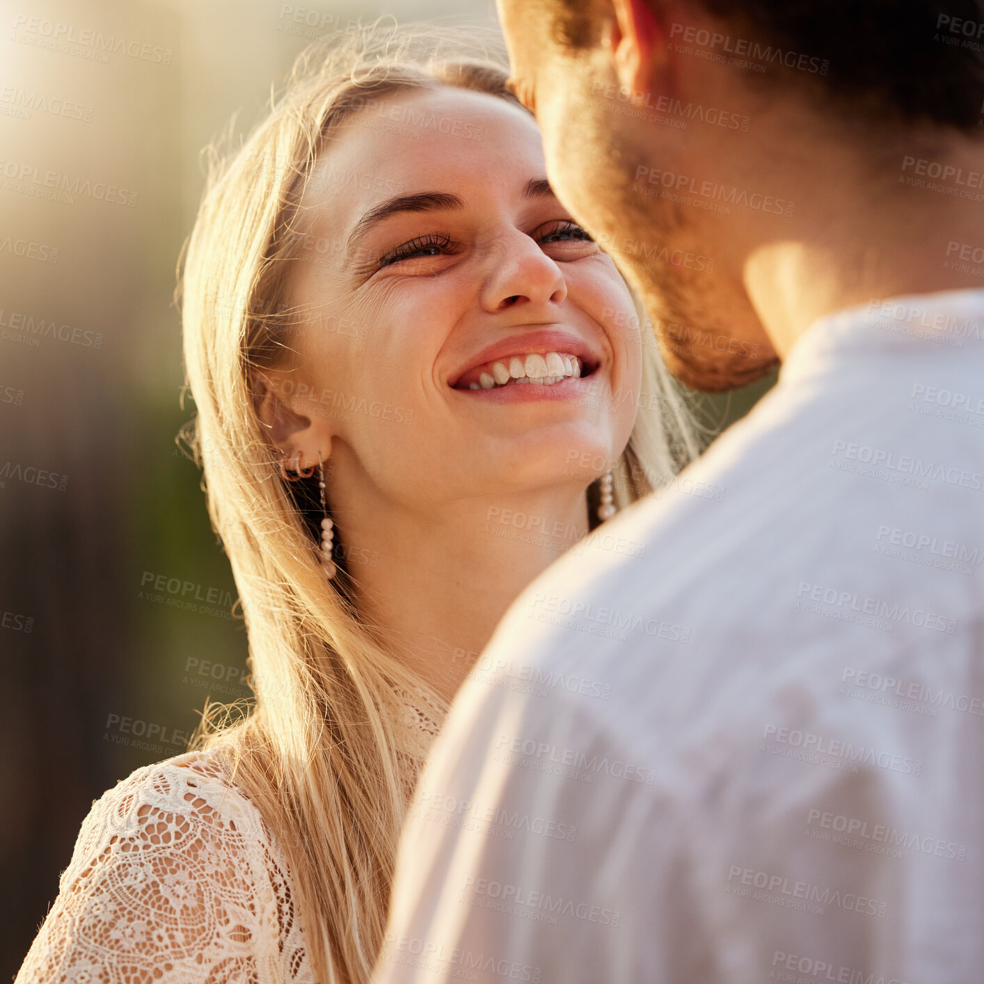 Buy stock photo Couple, love and face of woman in nature at sunset for romance, bonding and quality time together outdoors. Love, dating and man and girl on romantic holiday, honeymoon vacation and relax on weekend