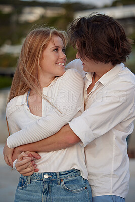 Buy stock photo Couple hug on beach, happiness and travel with love and commitment in relationship, adventure and romance. Trust, partnership and care with young people outdoor, tropical holiday and happy on date