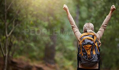 Buy stock photo Back of woman, hiking and arms of freedom, success and hope of courage, achievement and mockup. Hiker celebrate travel, motivation and inspiration of goals, wellness and energy of adventure in forest