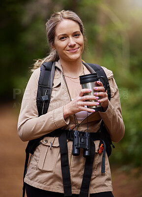 Buy stock photo Hiking, coffee or portrait of woman in nature, forest or wilderness for trekking adventure or freedom. Smile, fun or happy hiker walking in natural park or woods for exercise or wellness on holiday