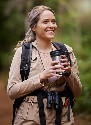 Buy stock photo Travel, forest and woman with coffee for hiking journey, jungle adventure and nature backpack and outdoor thinking. Happy camper or hiker person trekking or explore in rainforest or tropical woods
