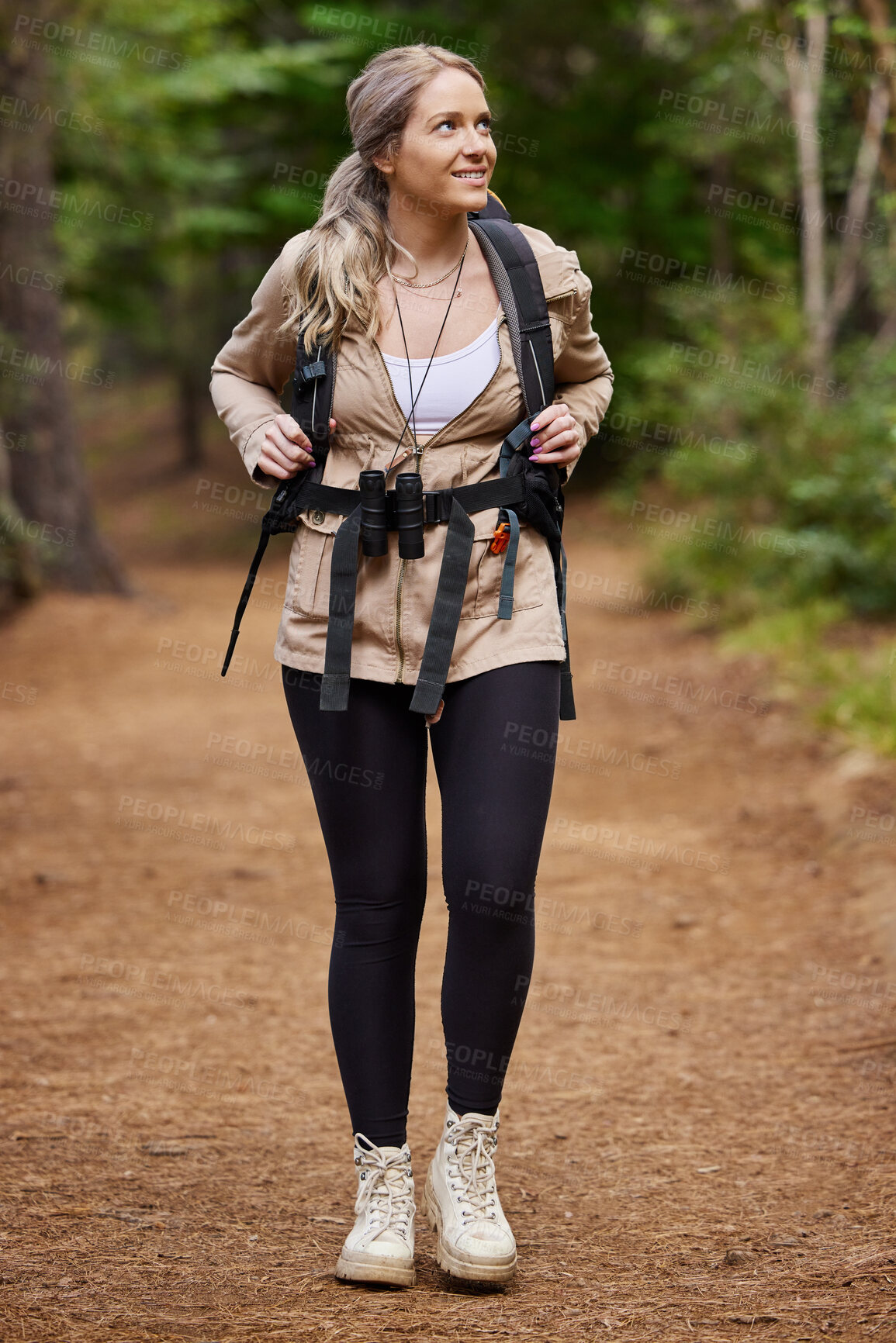 Buy stock photo Hiking, idea and forest with a woman outdoor, walking in nature or the wilderness for adventure. Freedom, location and woods with an attractive young female hiker taking a walk in a natural park