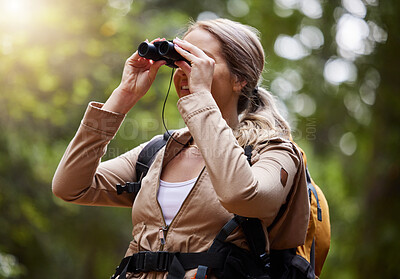 Buy stock photo Binoculars, forest explore and woman on travel journey, jungle adventure or hiking for carbon footprint holiday. Happy hiker person trekking in tropical woods or eco green environment search or watch