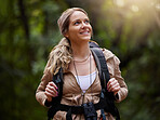 Hiking, thinking and forest with a woman outdoor, walking in nature or the wilderness for adventure. Freedom, location and woods with an attractive young female hiker taking a walk in a natural park