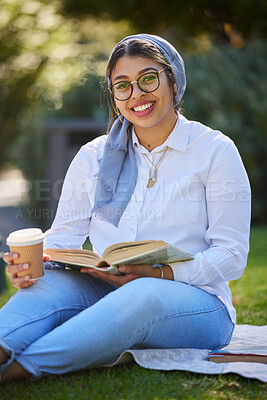 Buy stock photo Books, portrait and happy woman at park, university campus or outdoor distance learning, studying and reading. Muslim, islamic or arabic student with education book for research or college knowledge