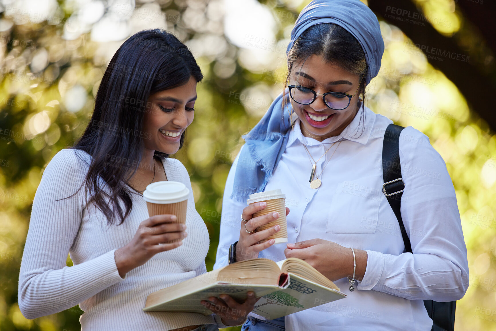 Buy stock photo Books, reading or university friends in park on campus for learning, education or future goals together. Smile, Muslim or students relaxing with school info meeting to research or college knowledge