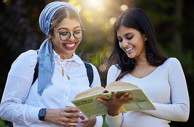 Buy stock photo Books, reading or happy students in park on campus for learning, education or future goals together. Women smile, Muslim or friends studying with school info meeting to research fun college knowledge