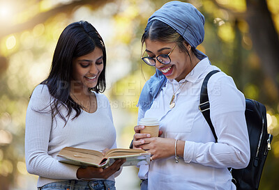 Buy stock photo Happy, reading  or university friends in park on campus for learning, education or future goals together. Smile, Muslim or students relaxing with school books meeting to research or college knowledge