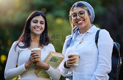 Buy stock photo Happy, portrait or university friends in park on campus for learning, education or future goals together. Smile, Muslim or students relaxing with school books meeting to research or college knowledge