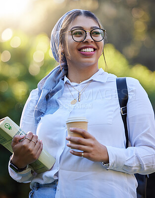 Buy stock photo Study, book and happy woman at park, university campus or outdoor distance learning, education and reading. Gen z muslim, islamic or arabic student with school ideas for research or college knowledge