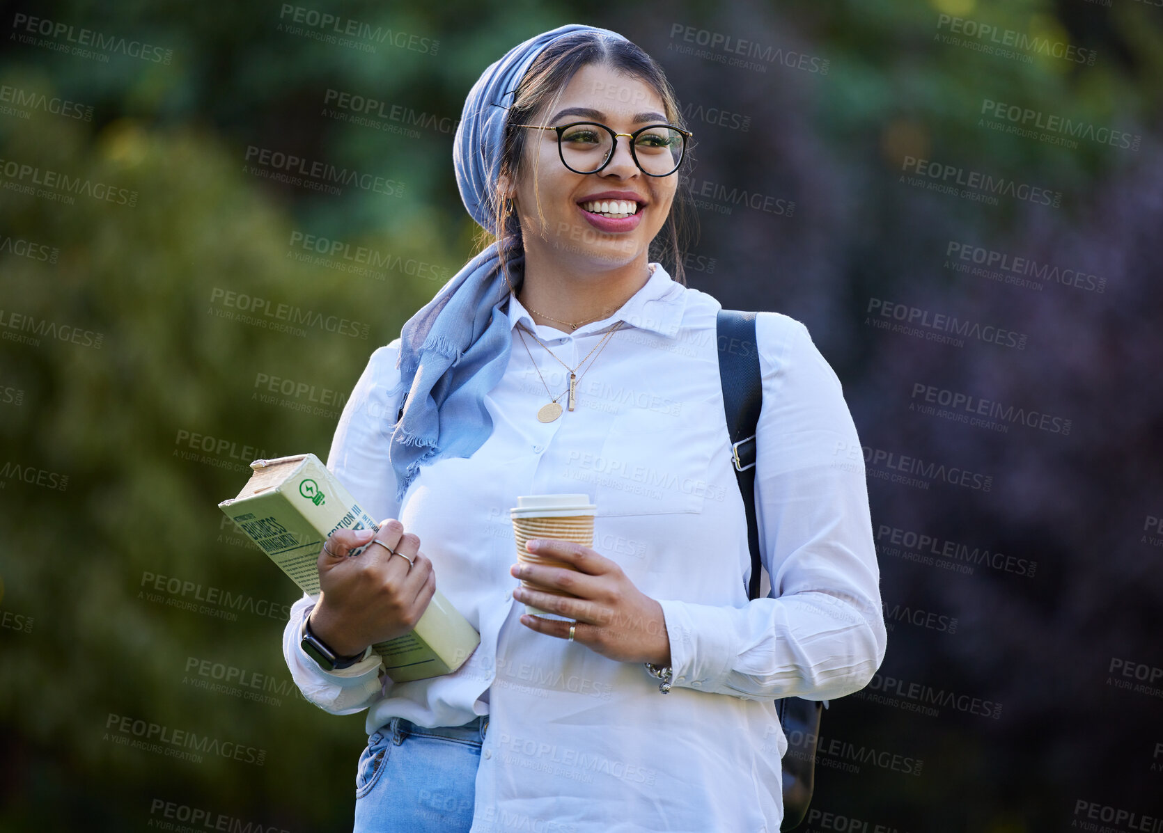 Buy stock photo Thinking, book and happy woman at park, university campus or distance learning, outdoor education and studying. Gen z muslim, islamic or arabic student with school ideas, research or college reading