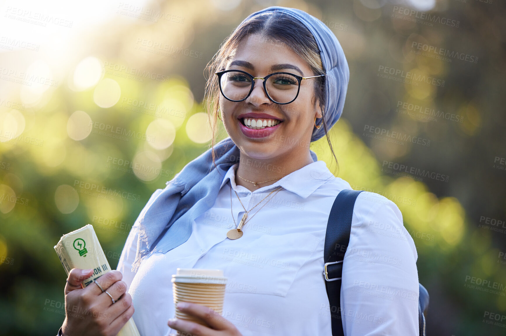 Buy stock photo Study, portrait and happy woman at park, university campus or outdoor distance learning, education and reading. Muslim, islamic or arabic student with school book for research or college knowledge