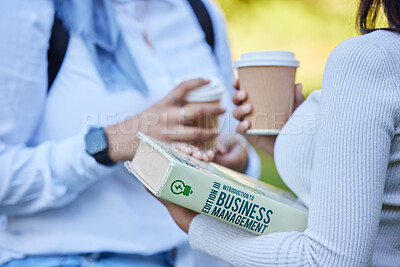 Buy stock photo Study book, lunch break or friends at park, university campus or outdoor learning, education and reading. Closeup of girl students relaxing together with research school books or college knowledge