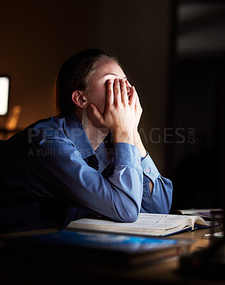 Buy stock photo Business woman, headache and exhausted with burnout and working night, stress migraine and mental health. Female employee at desk, overtime and fatigue, overworked and tired, depression and brain fog