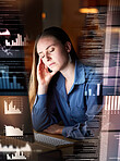 Night overlay, tired or headache of woman in data analysis, trading or stock market depression, burnout or fatigue. Business person or online trader with stress, sad and migraine for graphs or charts