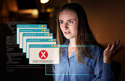 Buy stock photo System, software and woman with error, message and  glitch in workplace with cyber security at night. Female coder, lady and programmer with holographic, database virus and online issue with anxiety