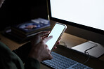 Blank computer, phone screen and woman hands typing on technology for coding. Mobile connection, 404 glitch and programming on it software in the dark with a female coder employee at a office desk