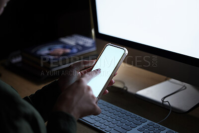 Buy stock photo Blank computer, phone screen and woman hands typing on technology for coding. Mobile connection, 404 glitch and programming on it software in the dark with a female coder employee at a office desk