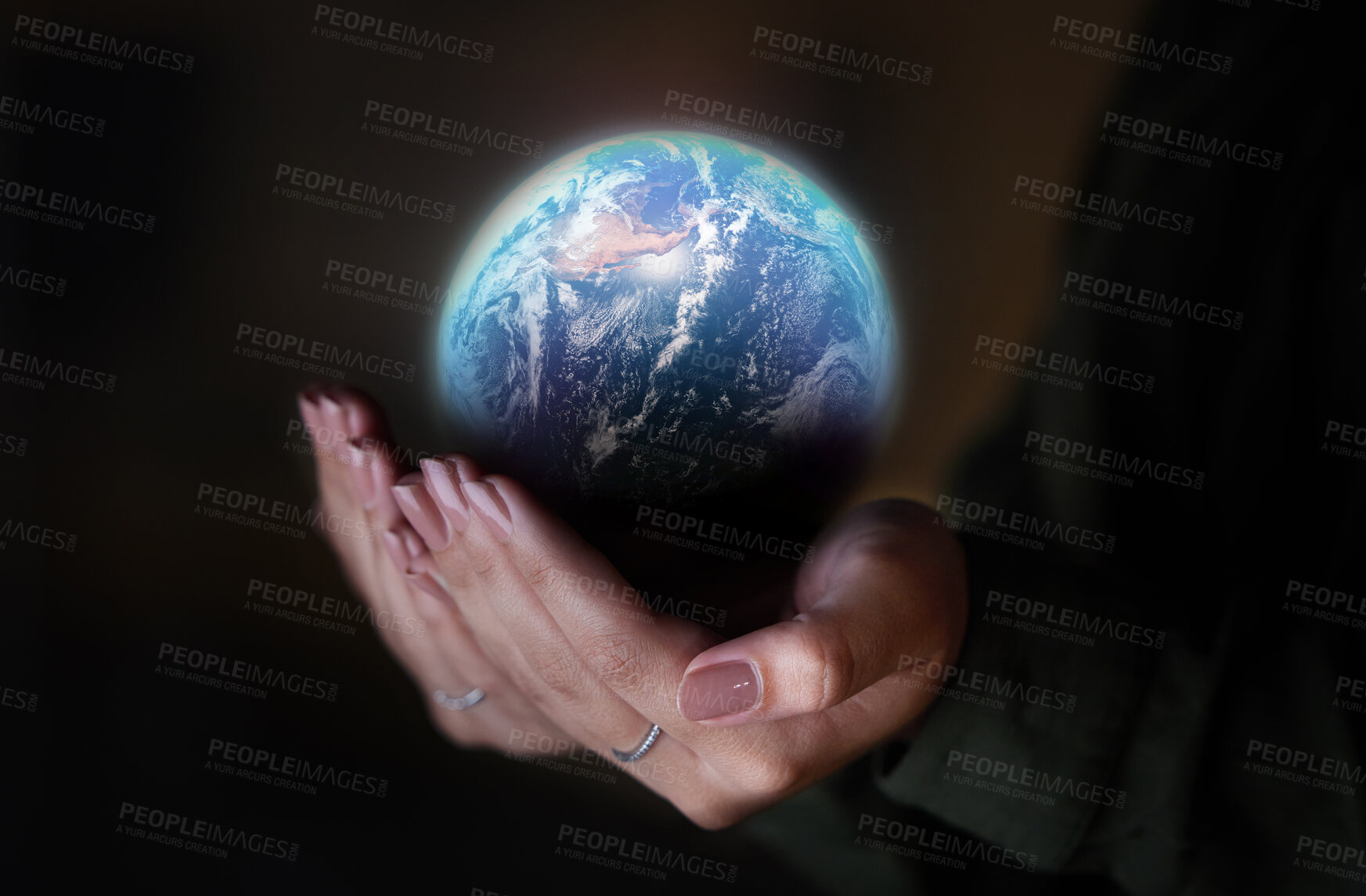 Buy stock photo Woman, hands and earth on black background, sustainability in future conservation of environment. Climate change, global care and hope, protection for planet and safety or security for mother nature.