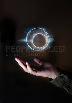 Buy stock photo Hand, world and hologram overlay with an interface of ai or 3d technology to access the metaverse for global networking. Globe, software or holographic with a person using a ux interface or dashboard