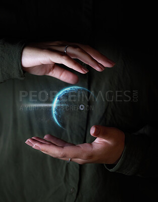 Buy stock photo Hand, world and hologram overlay with a user of ai or 3d technology accessing the metaverse for global networking. Globe, software and holographic with a person using a ux interface or dashboard