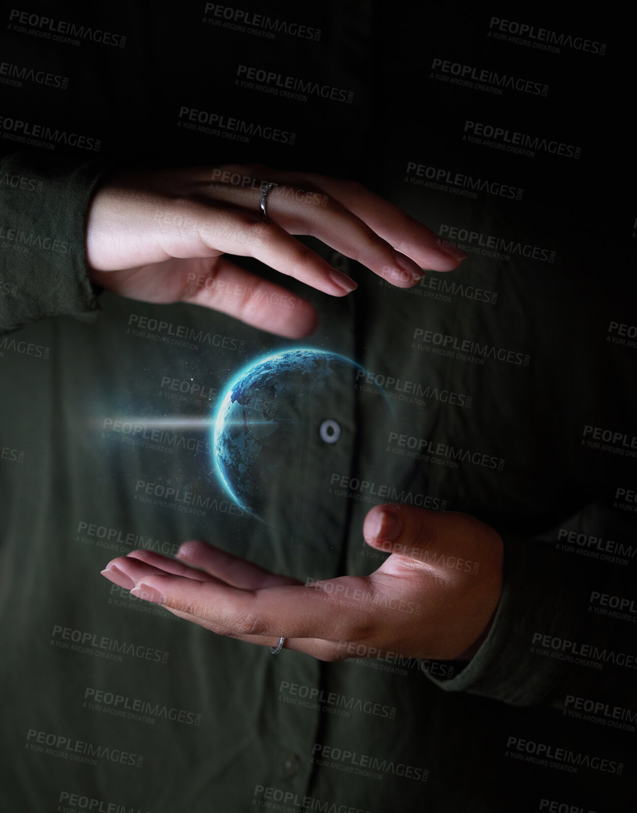 Buy stock photo Hand, world and hologram overlay with a user of ai or 3d technology accessing the metaverse for global networking. Globe, software and holographic with a person using a ux interface or dashboard