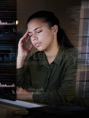 Buy stock photo Overlay, data and stress by woman in futuristic office suffering from burnout, depressed and overworked. Dark, evening and corporate professional person frustrated, overtime and sick with a headache