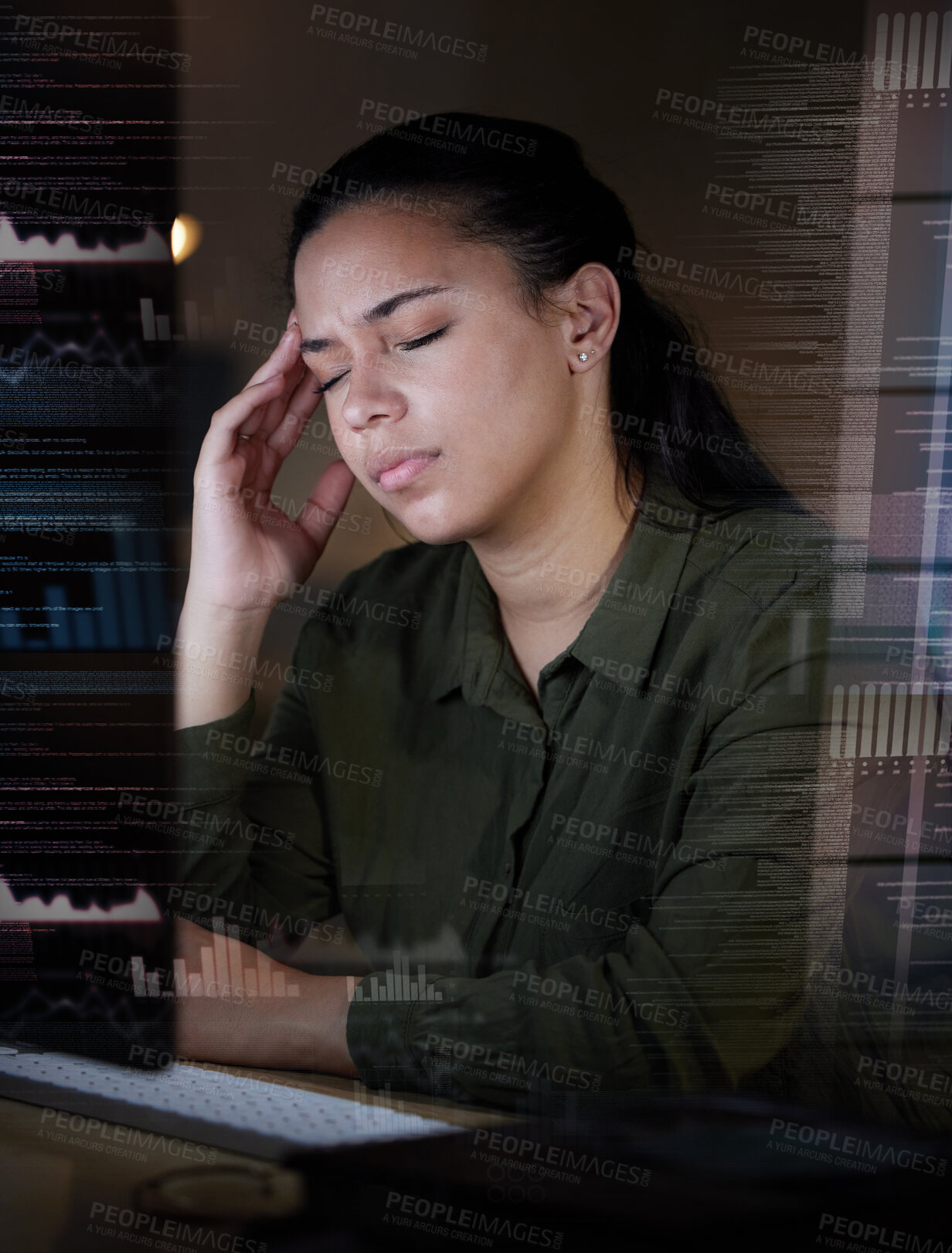 Buy stock photo Overlay, data and stress by woman in futuristic office suffering from burnout, depressed and overworked. Dark, evening and corporate professional person frustrated, overtime and sick with a headache