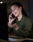 Phone call, smile and night with a business woman in her office, working late on an overtime deadline. Mobile, contact and dedication with a female employee chatting in the evening at work