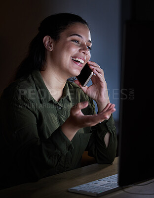 Buy stock photo Phone call, happy and night with a business woman in her office, working late on an overtime deadline. Mobile, contact and dedication with a female employee chatting in the evening at work