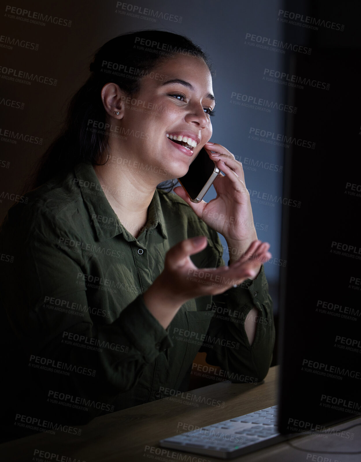 Buy stock photo Phone call, happy and night with a business woman in her office, working late on an overtime deadline. Mobile, contact and dedication with a female employee chatting in the evening at work