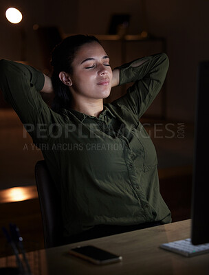 Night, relax and overtime with a business woman in her office, sitting hands behind head after a late shift. Peace, quiet and calm with a young female resting in the workplace after a deadline