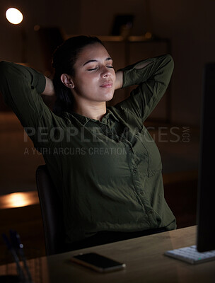 Buy stock photo Night, relax and overtime with a business woman in her office, sitting hands behind head after a late shift. Peace, quiet and calm with a young female resting in the workplace after a deadline