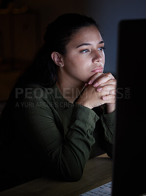 Buy stock photo Serious, night and woman on computer in office, working late on online project, proposal and planning. Concentration, thinking and female reading screen for internet, network or website research