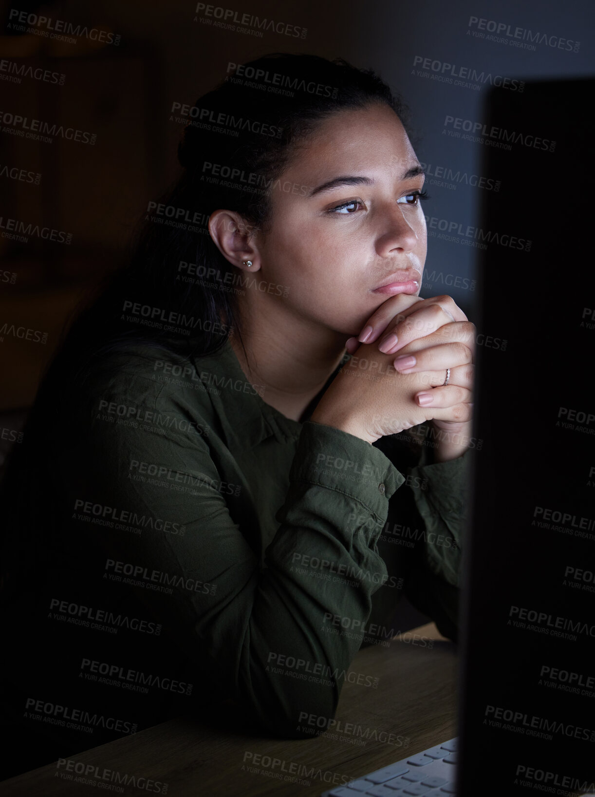 Buy stock photo Serious, night and woman on computer in office, working late on online project, proposal and planning. Concentration, thinking and female reading screen for internet, network or website research